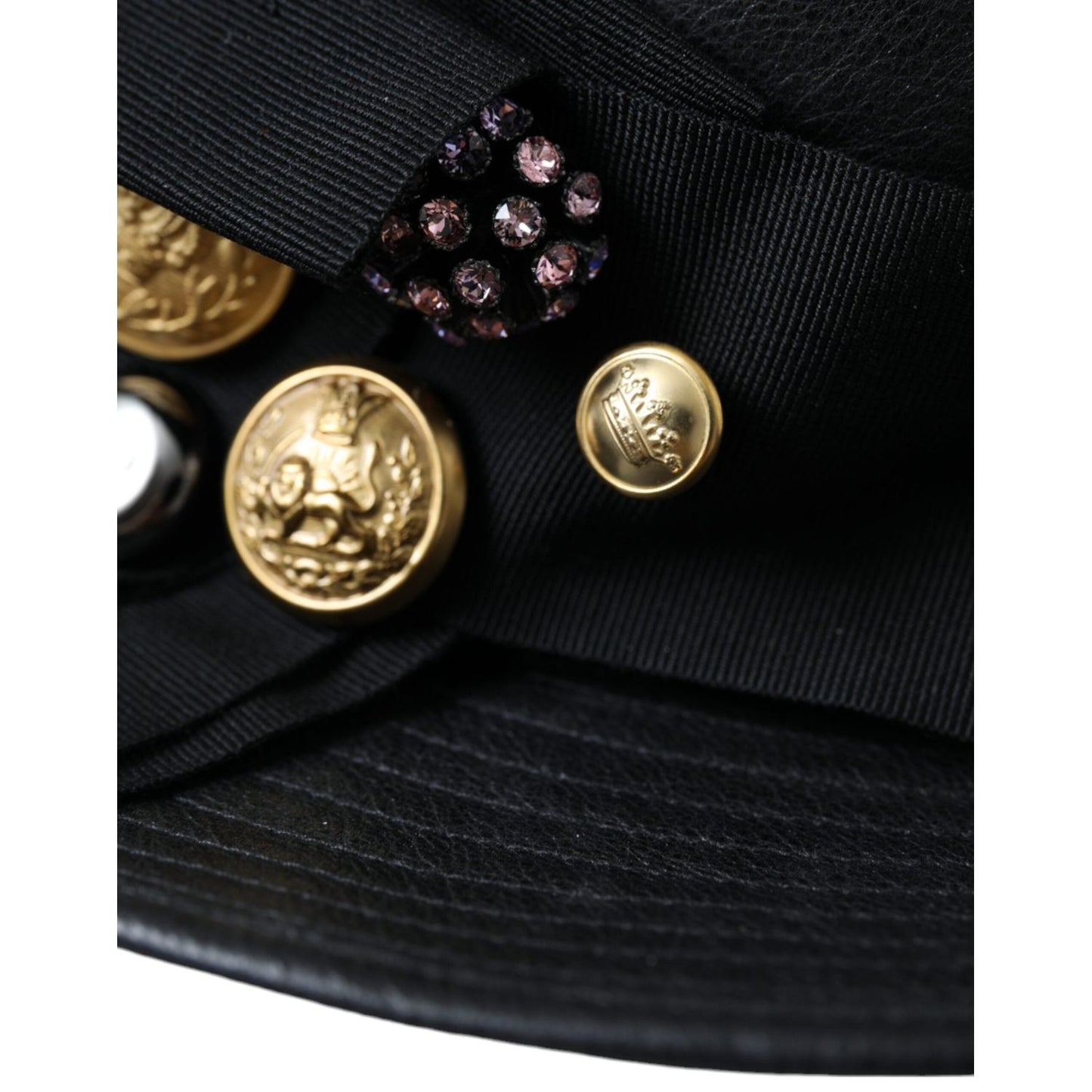Dolce & Gabbana Black Leather DG Coin Crystal Wide Brim Hat