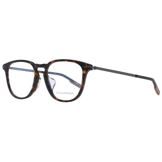 Ermenegildo Zegna Brown Men Glasses Frame, round full-rim style with brown plastic frame and demo lenses. Includes branded case.