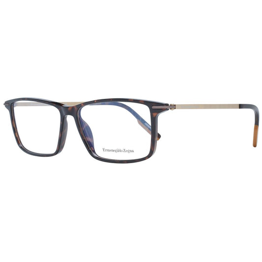 Ermenegildo Zegna Brown Men Glasses Frame, full-rim rectangle shape, plastic material, demo lenses, size 58-14-145, with branded case included.