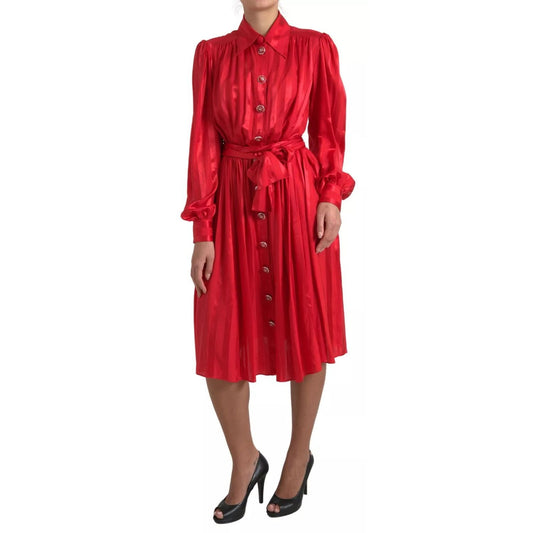 Dolce & Gabbana Elegant Red Silk Midi Dress with Button Detail Dolce & Gabbana Brown
