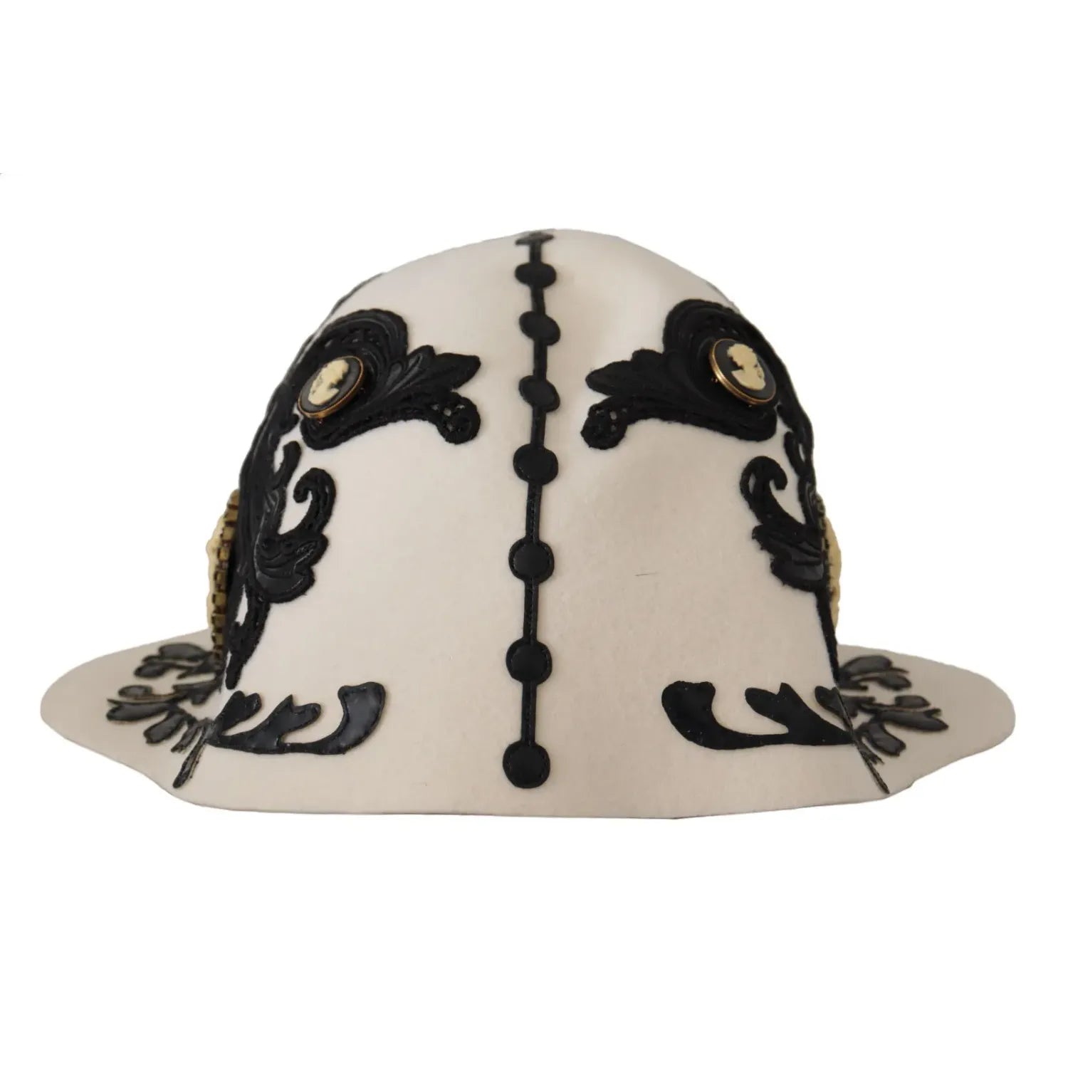 Dolce & Gabbana White Black Wool Embroidered Cameo Brooch Hat
