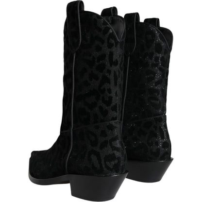 Dolce & Gabbana Black Gray Leopard Cowboy Boots Shoes
