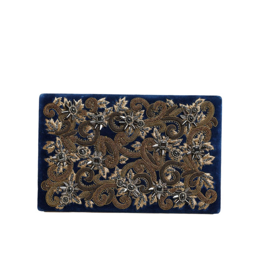 Dolce & Gabbana Blue Velvet Gold Frame Clutch Evening Party Purse Bag