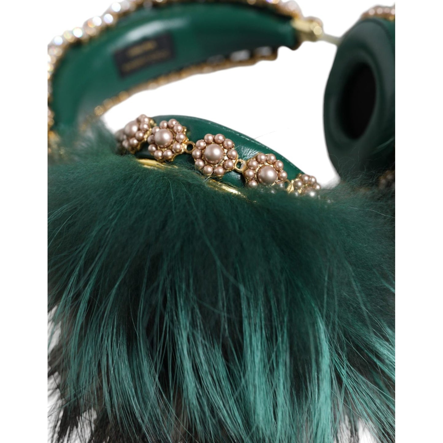 Dolce & Gabbana Green Gold Crystal Fur Headset Audio AUX Headphones SMY10424
