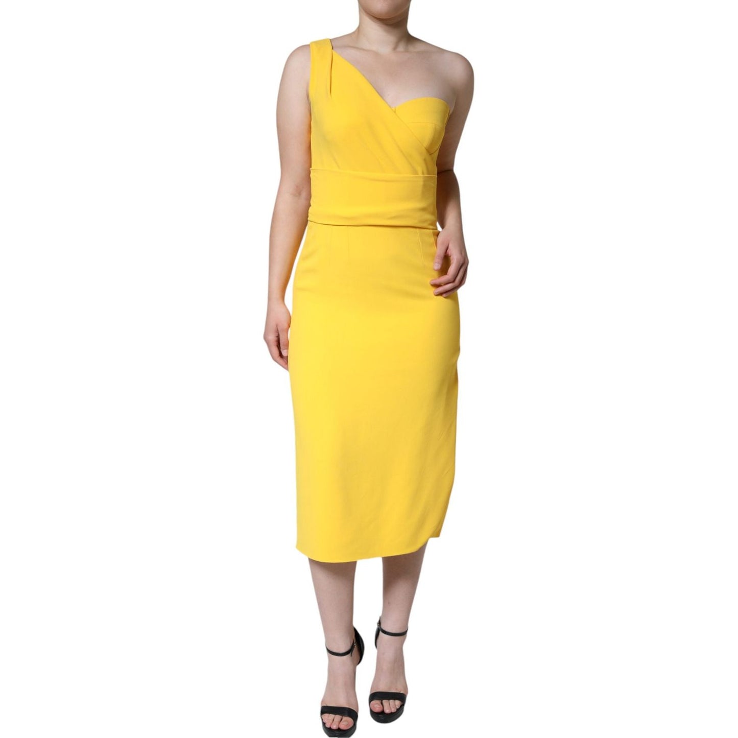 Dolce & Gabbana Yellow One Shoulder Side Slit Midi Dress
