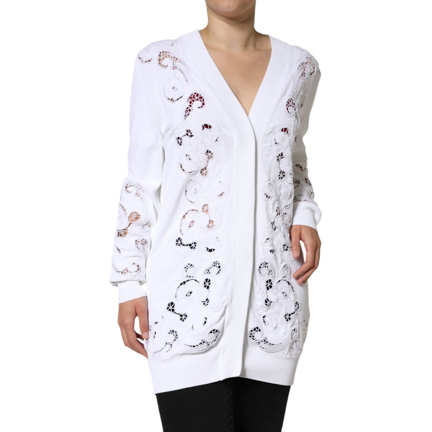 Dolce & Gabbana White Viscose Floral Cut Out Cardigan Sweater