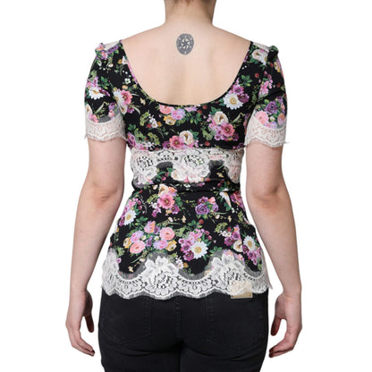 Dolce & Gabbana Black Floral Lace Short Sleeves Blouse Top