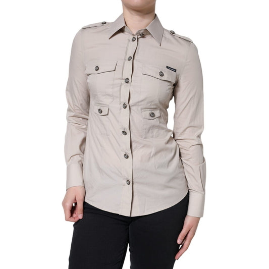 Dolce & Gabbana Beige Cotton Collared Button Down Shirt Top Dolce & Gabbana Gray