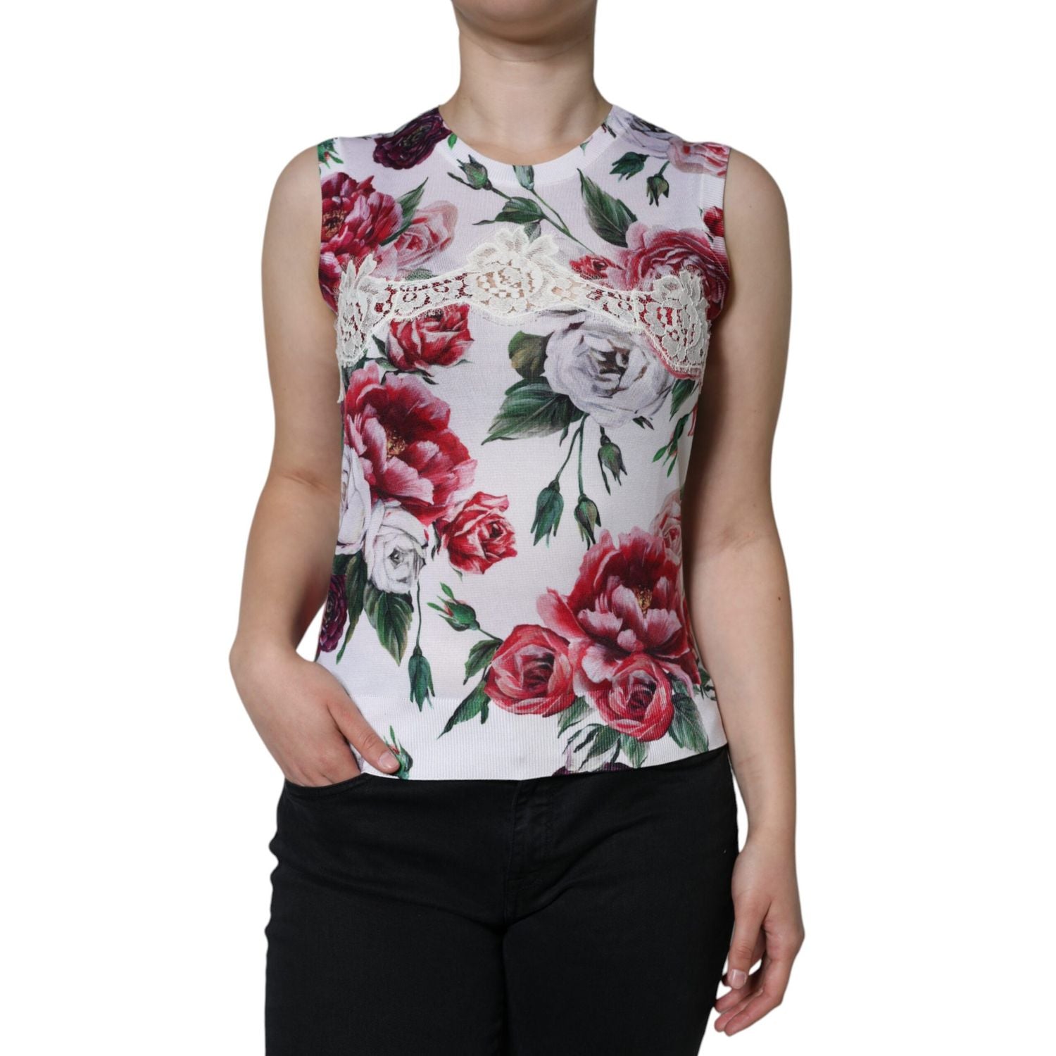 Dolce & Gabbana White Floral Lace Silk Sleeveless Tank Top