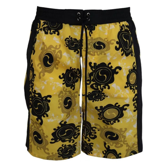 Dsquared² Yellow Black Printed Nylon Beachwear Shorts Swimwear