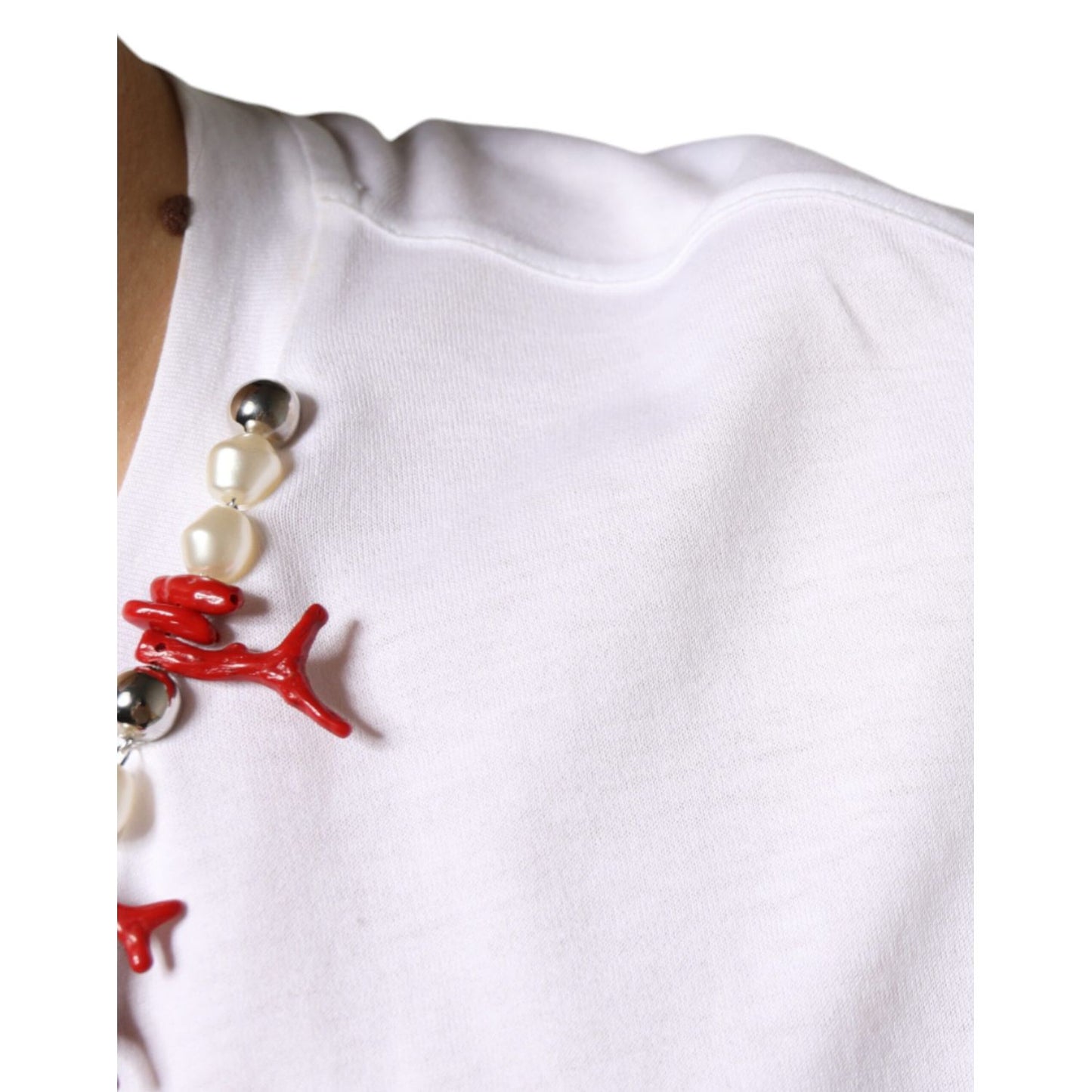 Dolce & Gabbana White Cotton Necklace Embellished T-shirt