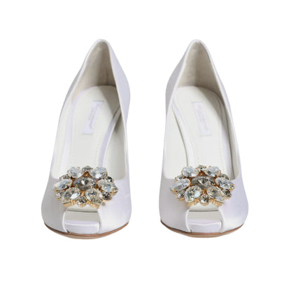 Dolce & Gabbana White Crystals Peep Toe Satin Pumps Shoes
