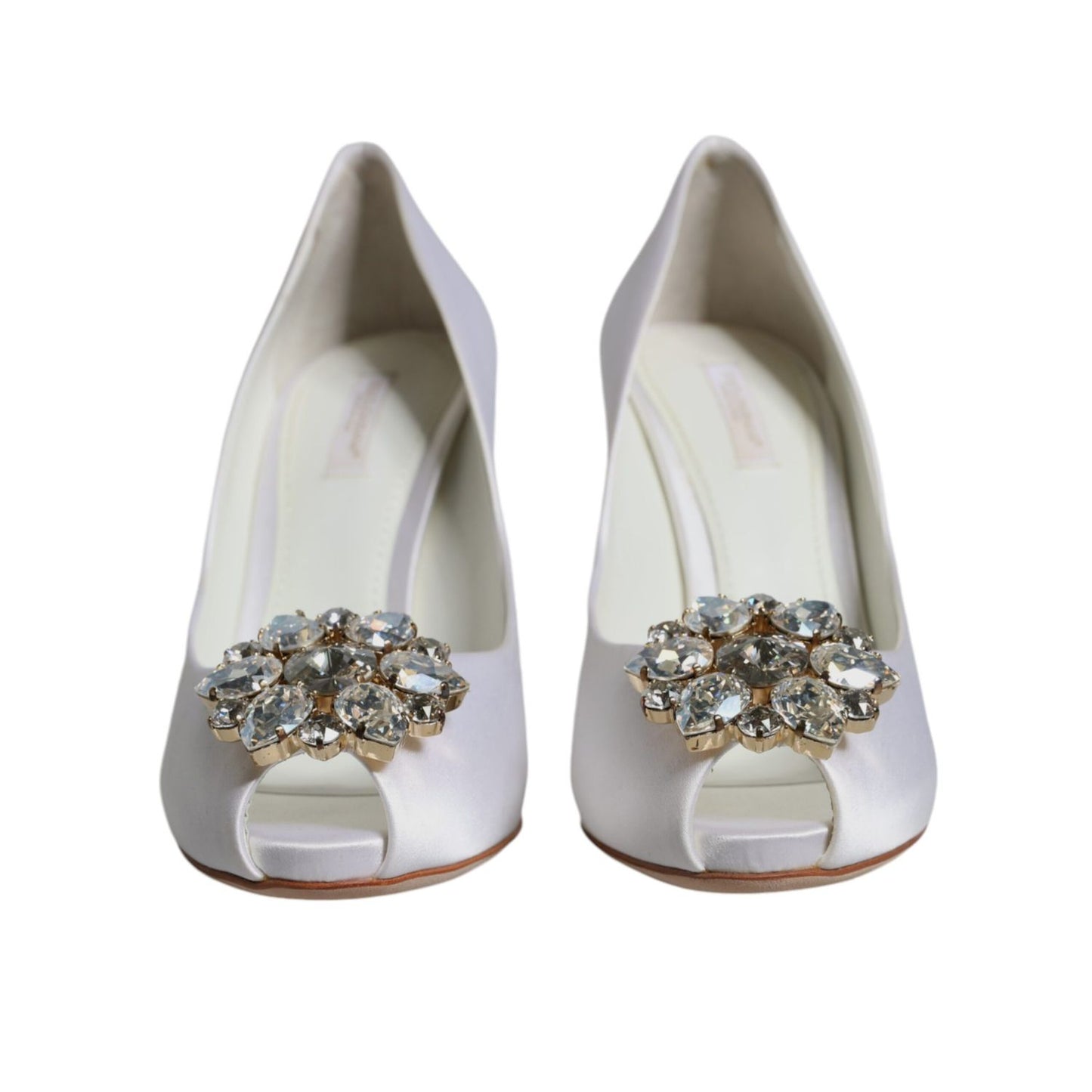Dolce & Gabbana White Crystals Peep Toe Satin Pumps Shoes