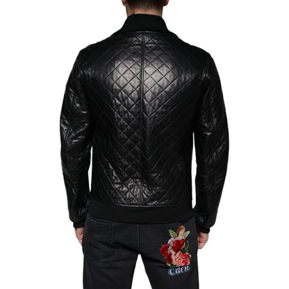 Dolce & Gabbana Black Calf Leather Quilted Full Zip Jacket