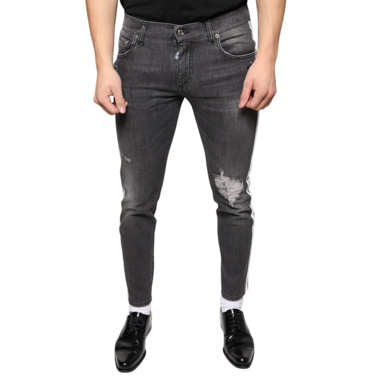 Dolce & Gabbana Black Tattered Cotton Skinny Men Denim Jeans