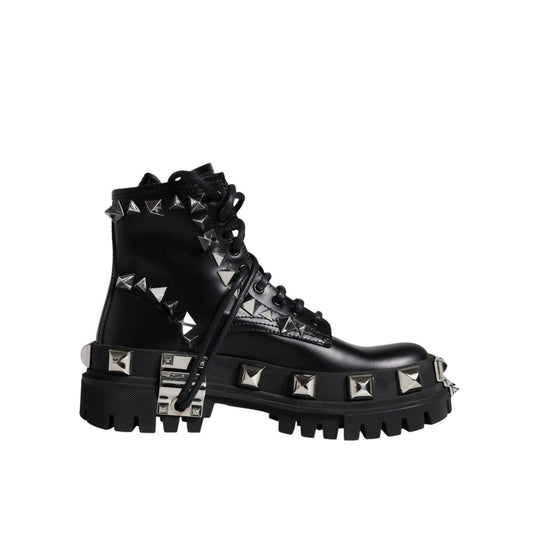 Dolce & Gabbana Black Leather Studded Trekking Boots Shoes
