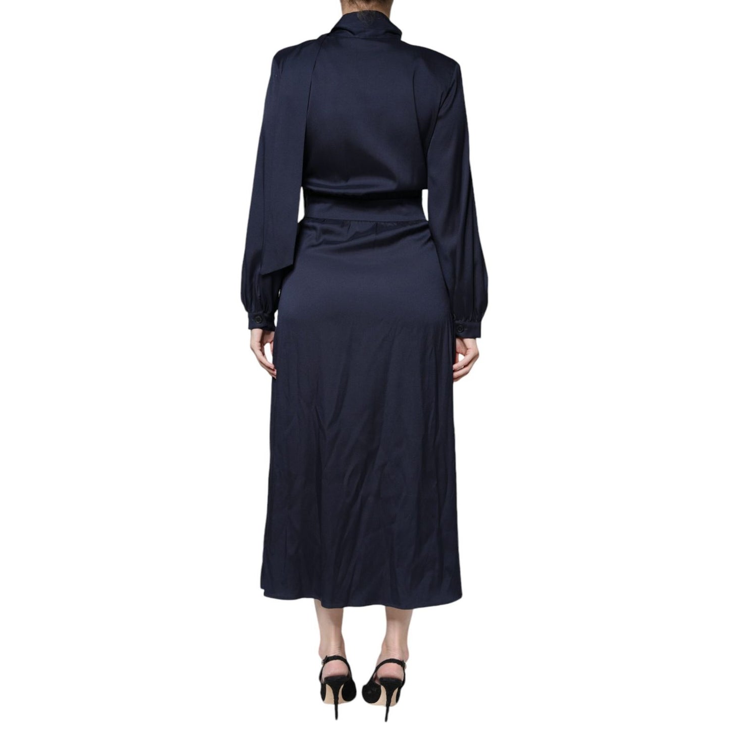 Ballantyne Dark Blue Long Sleeves Pleated A-line Maxi Dress