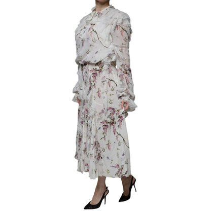 Ermanno Scervino White Floral Ruffles Lace Long Sleeves Maxi Dress