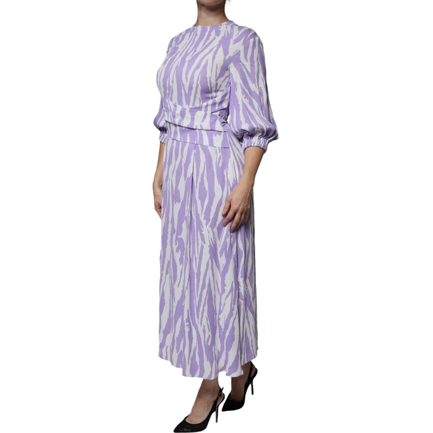 MSGM White Purple Patterned Viscose Short Sleeves Maxi Dress