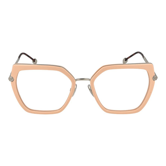 Philipp Plein Pink Women Glasses Frame with full-rim rose metal and plastic design, rectangle shape, and demo lenses.