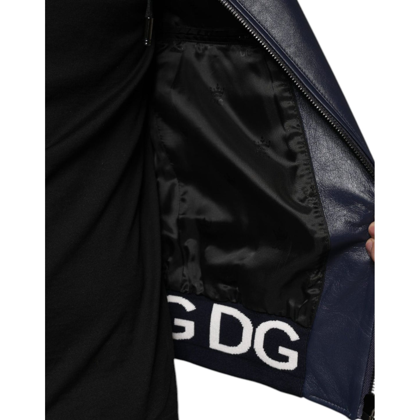 Dolce & Gabbana Blue Leather Full Zip Hooded Bomber Jacket