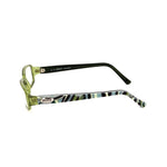 Side view of Emilio Pucci Green Plastic Frames with patterned temples, showcasing stylish design for women, 51/15/130 mm dimensions.