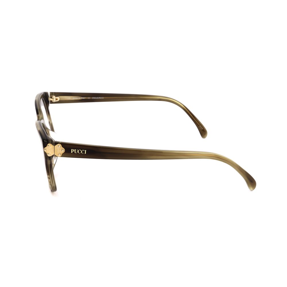 Side view of Emilio Pucci Green Plastic Frames with olive stripes, showcasing the temple design and brand logo, size 52/16/135 mm.