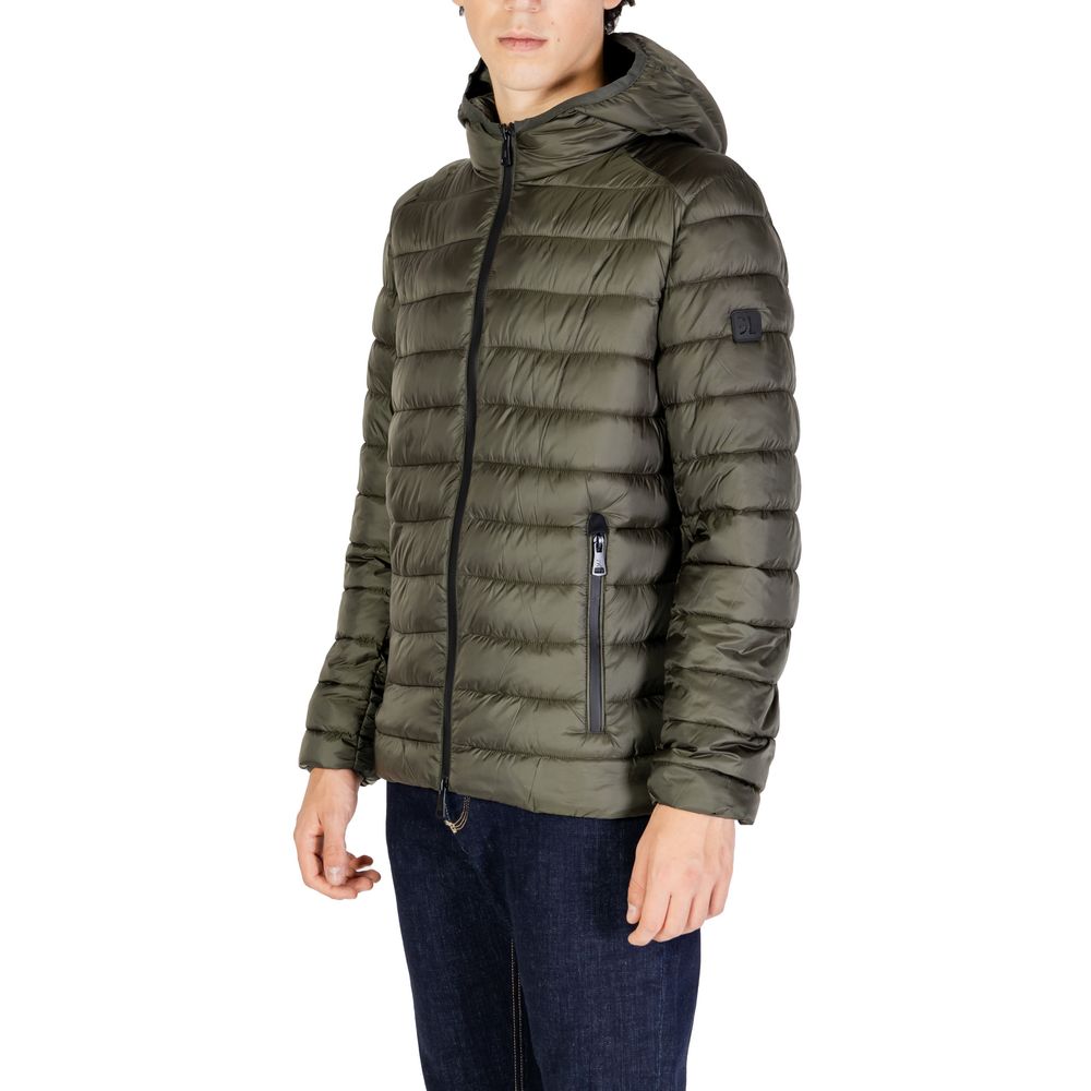 Gianni Lupo Green Polyamide Jackets & Coat, men's puffer jacket for fall/winter, featuring a hood and zipper closure, 100% polyamide