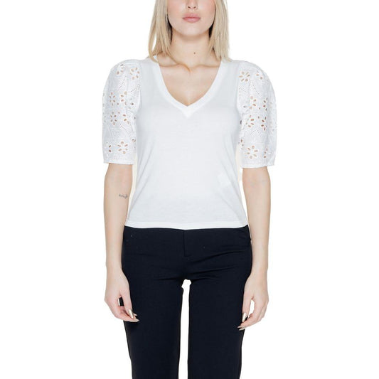 White cotton women's top, Morgan De Toi Spring/Summer collection, featuring lace short sleeves and V-neck design, 100% cotton.