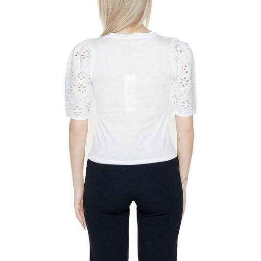 Back view of Morgan De Toi white cotton t-shirt with lace sleeves for women, perfect for spring and summer fashion.