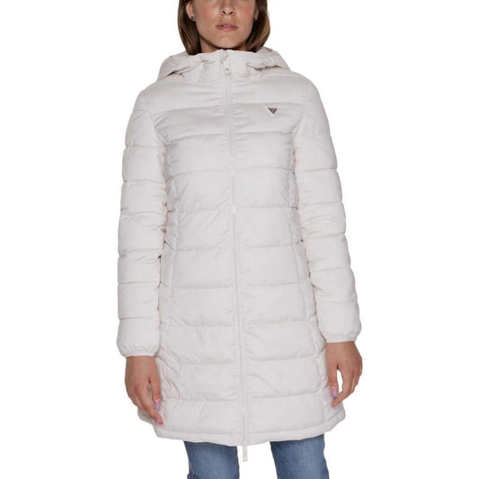 Women's Guess Active white puffer jacket, long design with hood and zip closure, made of polyester and elastane for winter comfort.