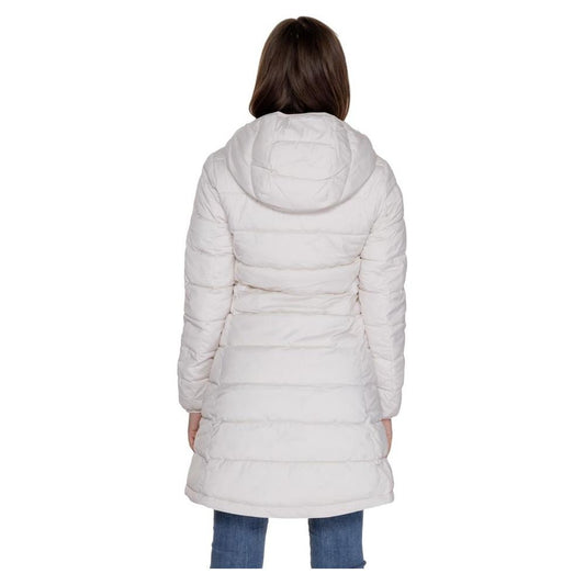 Rear view of Guess Active White Polyester Long Puffer Jacket for women, perfect for winter warmth and style.