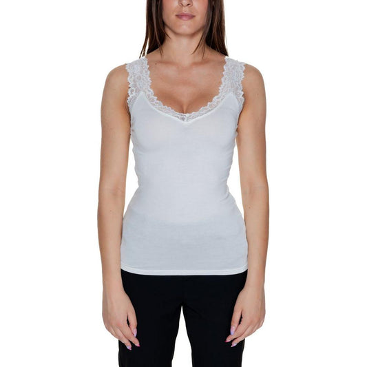 Vero Moda white viscose tank top for women, perfect for spring-summer, featuring a lace trim and made from 95% viscose and 5% elastane.
