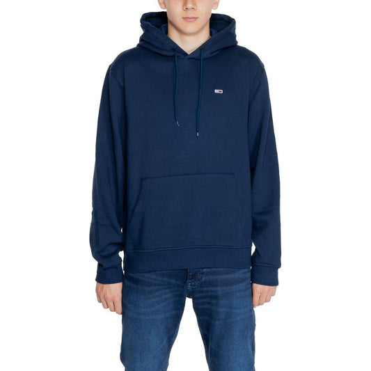 Men's blue recycled cotton hoodie from Tommy Hilfiger Fall/Winter collection, featuring regenerated cotton and recycled polyester blend.
