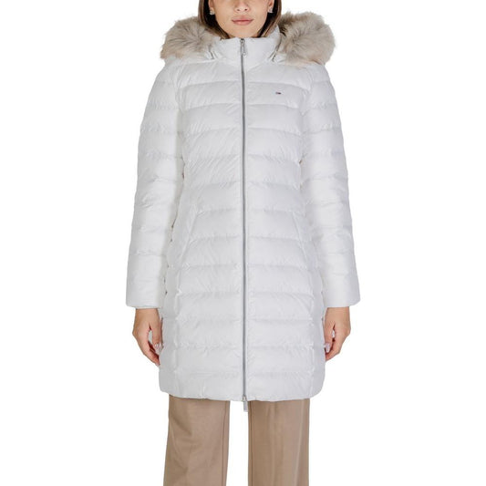 Women's Tommy Hilfiger white recycled polyester jacket for fall/winter collection, featuring full-length design and hood.