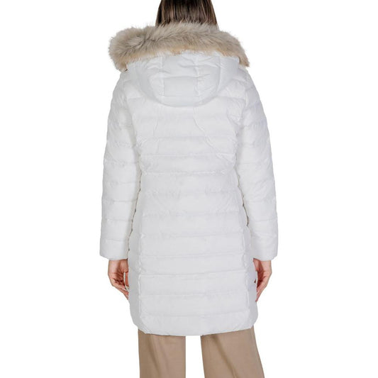 Women's white recycled polyester jacket with faux fur hood, Tommy Hilfiger, perfect for fall/winter, back view.