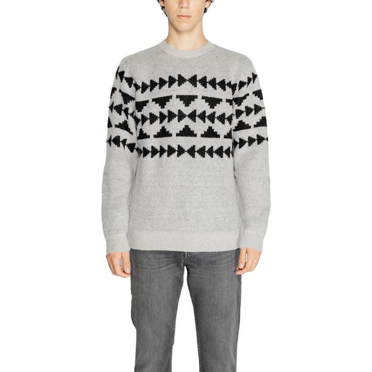 Antony Morato Gray Acrylic Sweater with Black Geometric Pattern, Men's Fall/Winter Knitwear Composition: Acrylic, Polyamide, Wool, Mohair, Elastane