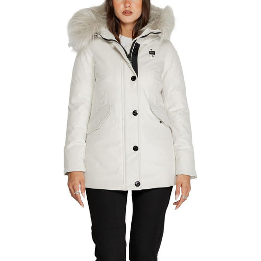 Stylish Blauer white polyester jacket with faux fur hood, women's fall/winter collection, featuring a blend of polyester and polyamide.