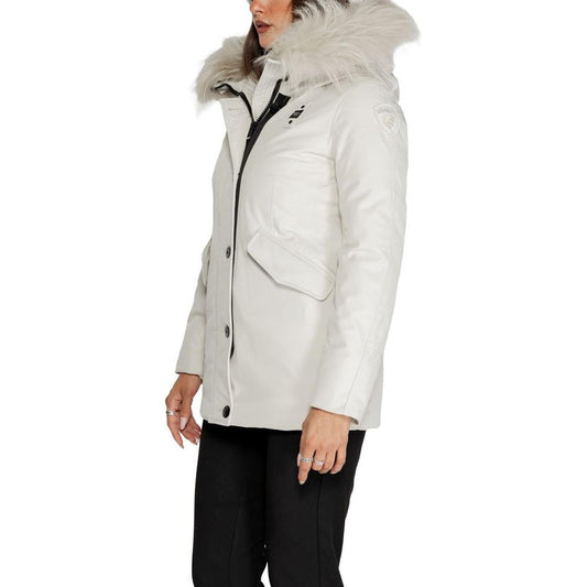 Women's white Blauer polyester jacket with faux fur hood, fall/winter collection.