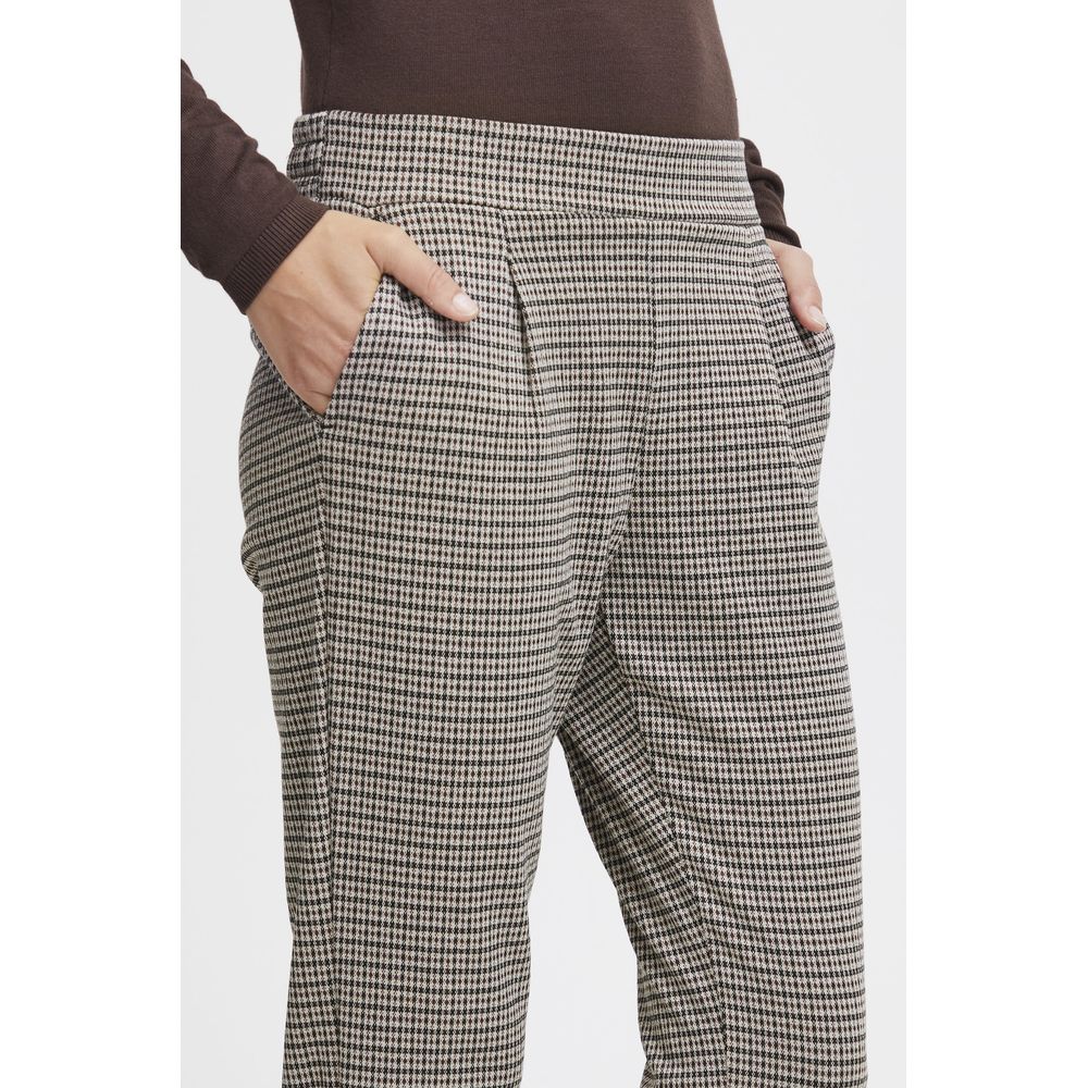 ICHI Beige Polyester Pant showing flat waistband and side pockets in a refined, checkered pattern.