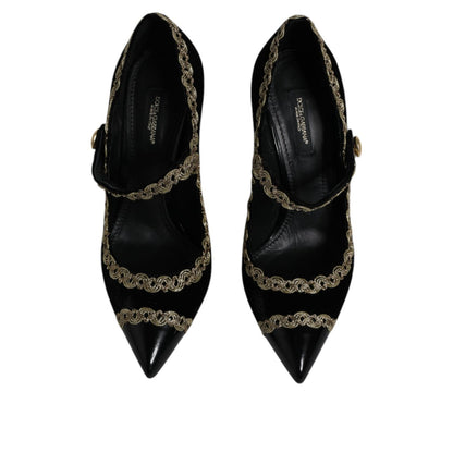 Dolce & Gabbana Black Velvet Gold Mary Janes Pumps Shoes