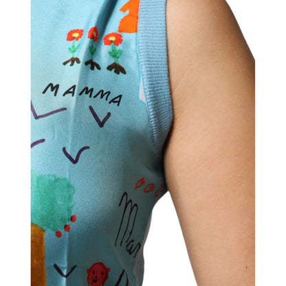 Dolce & Gabbana Blue Drawing Cashmere Sleeveless Tank Top