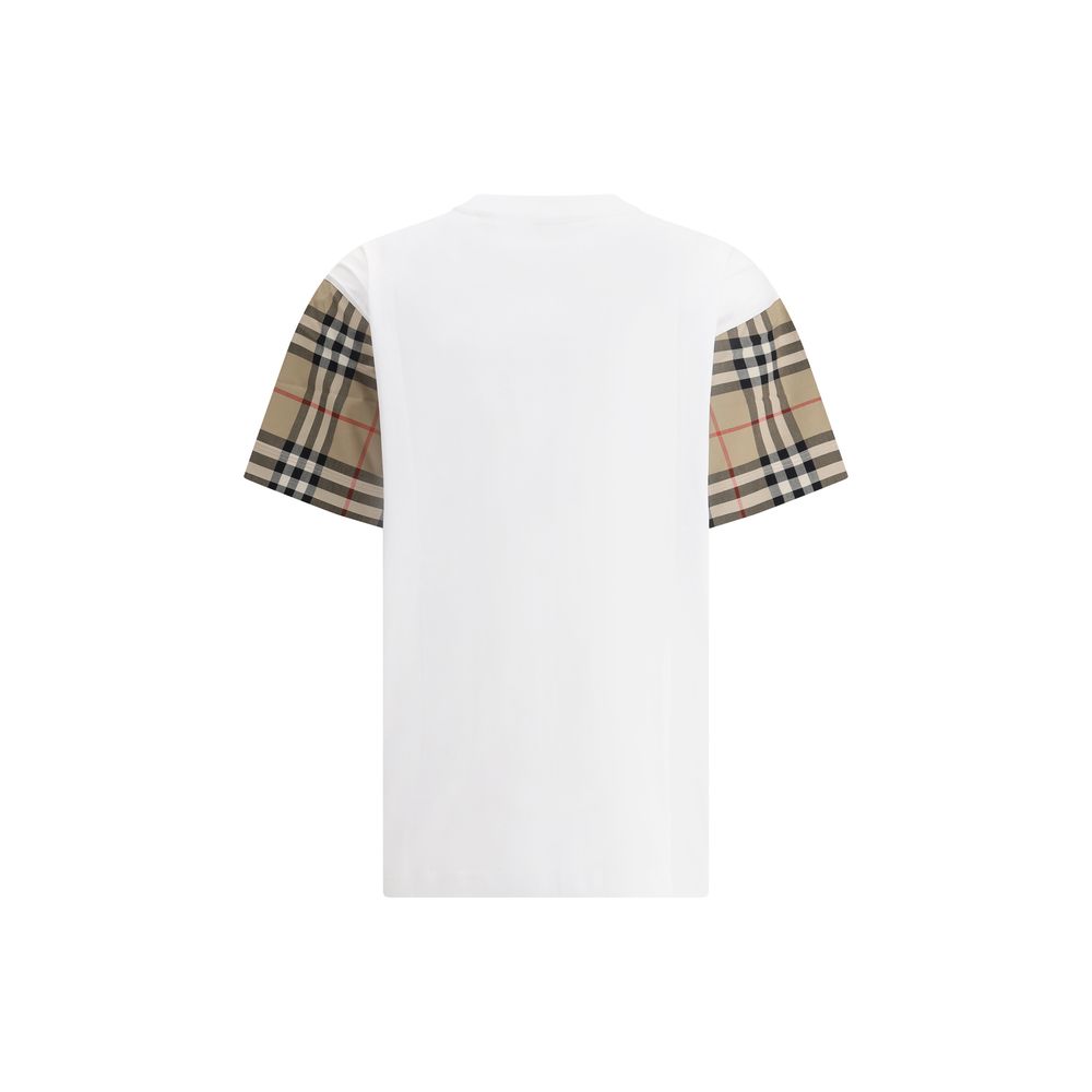 Burberry White Cotton T-Shirt with Archive Check sleeves, rear view highlighting pattern contrast.