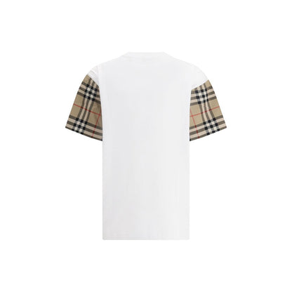 Burberry White Cotton T-Shirt with Archive Check sleeves, rear view highlighting pattern contrast.