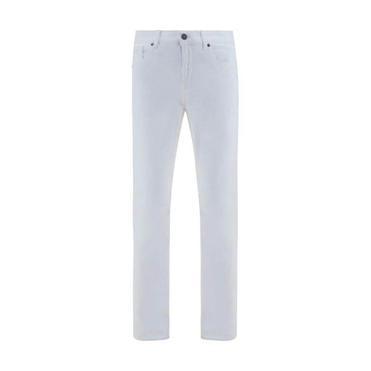 White 7FOR Cotton Luxe Pants, five-pocket style with front button and zipper closure, featuring iconic brand fabric patch on back