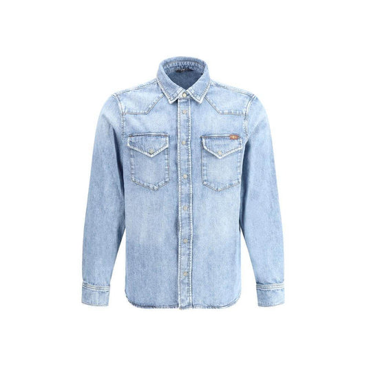 7FOR denim Western shirt with classic collar, button front, flap patch pockets, and adjustable cuffs. Regular fit cotton design.