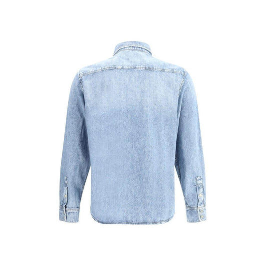Back view of 7For cotton denim Western shirt with classic collar, button cuffs, and flap pockets.