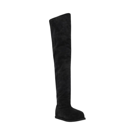 Amina Muaddi Heidi suede tall black boots with round toe and flat sole, offering sophisticated style and comfort for any occasion.