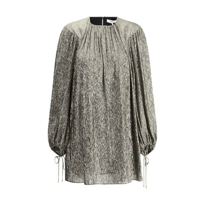 Chloé Gold Silk Cocktail Dress with crew neck and puff sleeves, elegant silk lamé fabric, perfect for evening events.