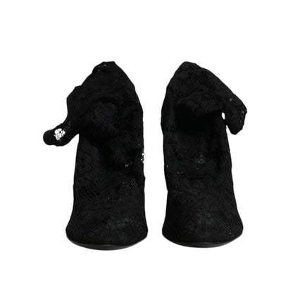 Dolce & Gabbana Black Lace Stretch Heels Mid Calf Boots Shoes